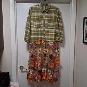 Aratta Maxi Shirt Top Duster Plaid 3D Floral Mesh Bottom NWT SZ  S